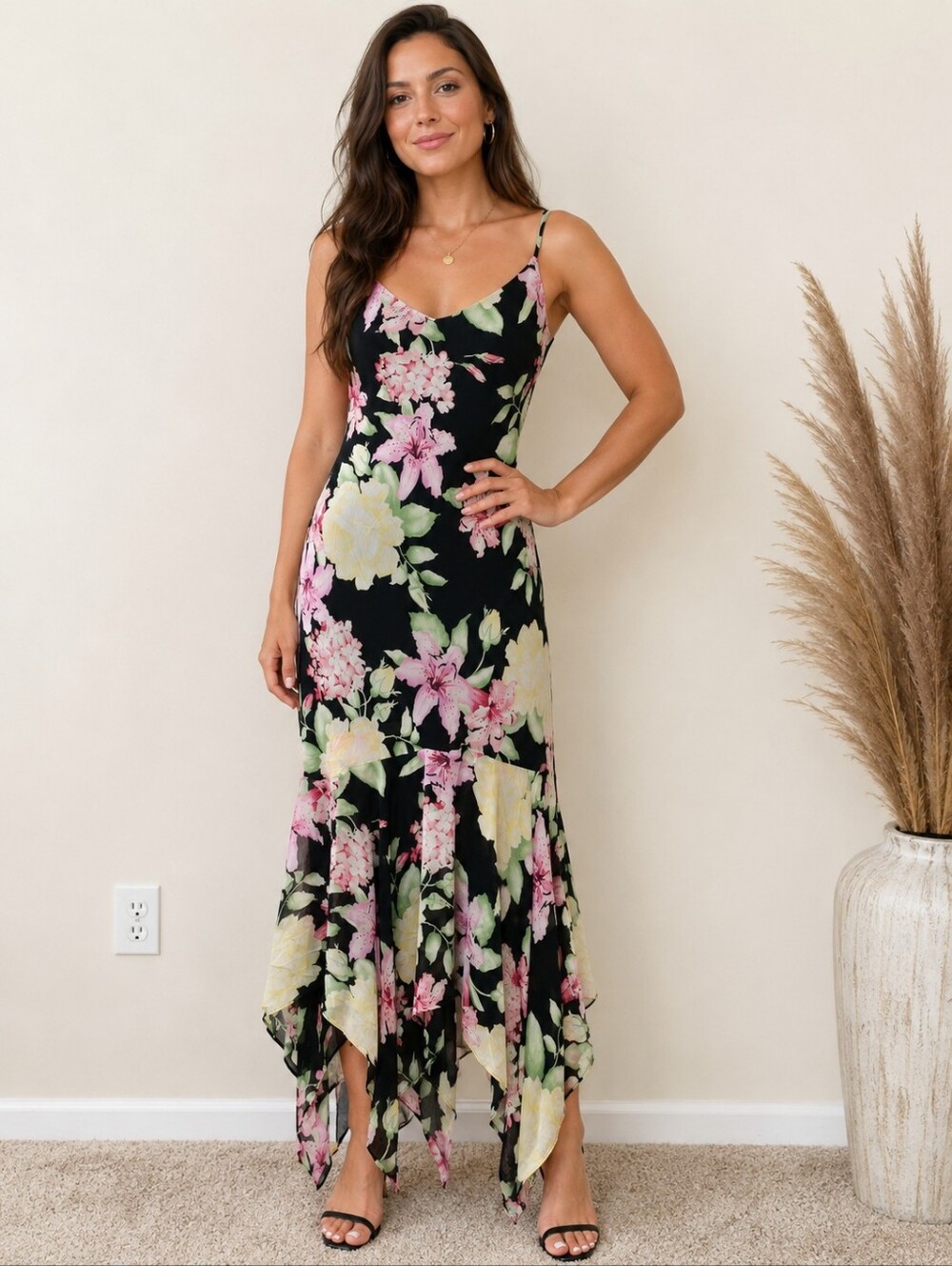 Vtg Y2K Ralph Lauren 100% Silk Bias Slip Dress Sz 8 Floral Handkerchief Romantic